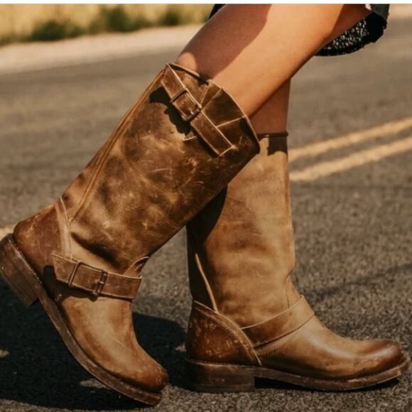 FREEBIRD by Steven Crossby Leather Mid Calf Boots Sz 8 M Brown Pull On Buckle - Picture 1 of 10